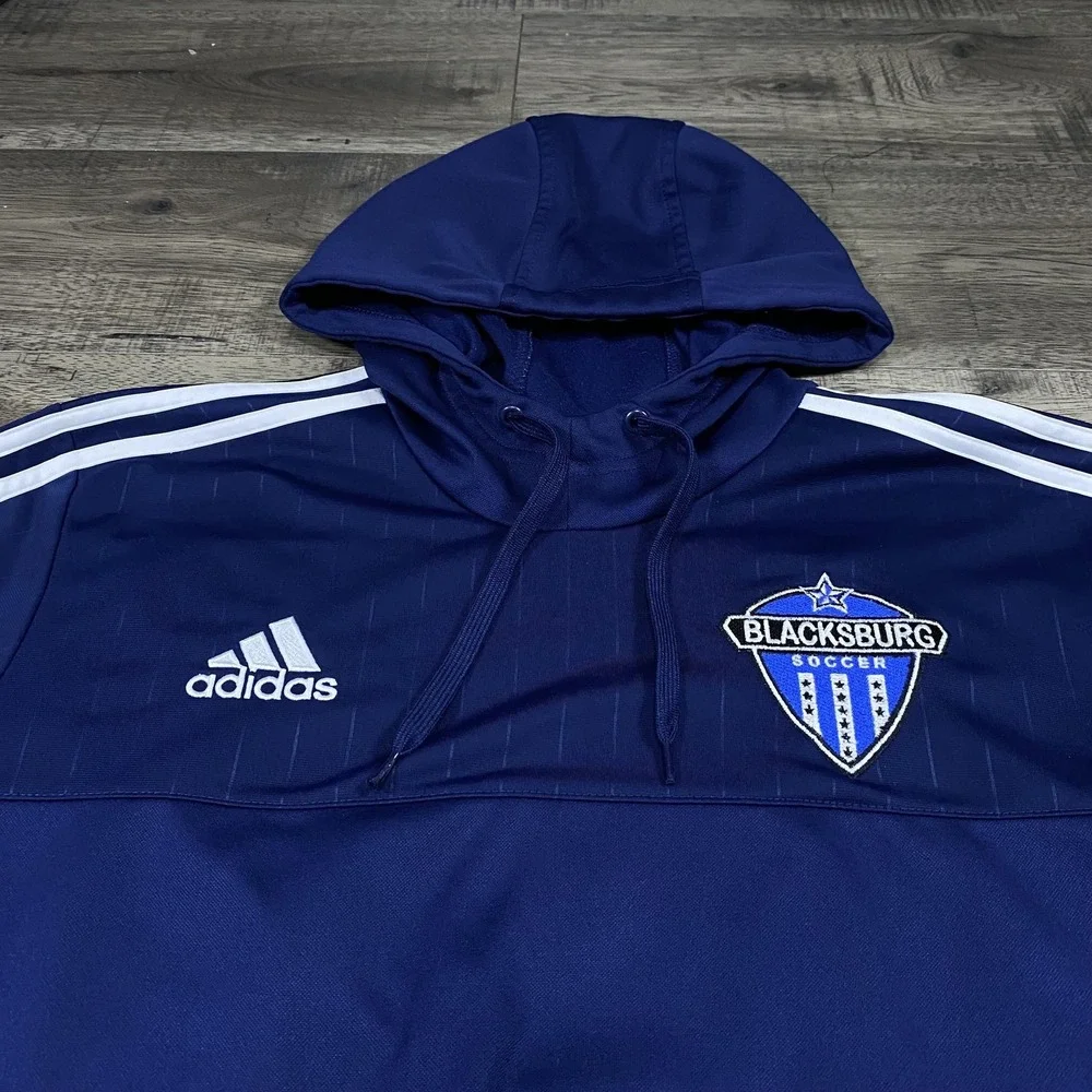 Adidas Hoodie Mens XL Navy Blue Blacksburg Soccer Pullover 3‎ Stripe Sweatshirt